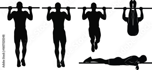 A series of pullup exercises demonstrating different stages and variations isolated on white background