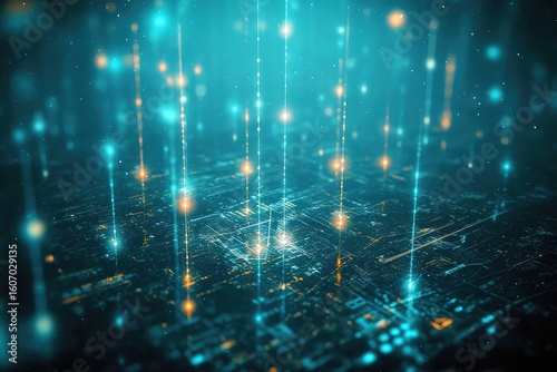 Abstract digital background with glowing lines and futuristic cityscape, blue glow for big data technology and virtual interface design
