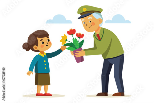 Young girl happily gives a bouquet of colorful flowers to an elderly man in a uniform, symbolizing intergenerational connection and appreciation
