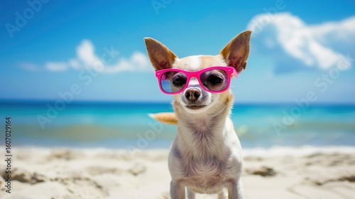 A cute Chihuahua wearing stylish sunglasses, happily relaxing on the beach—the warm sunshine, gentle waves, and soft sand create the perfect backdrop.