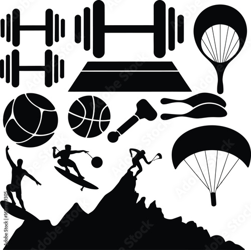 Dumbbells basketball surfboard parachute kite mountain climber weights exercise