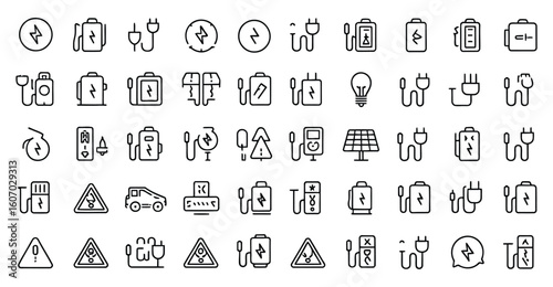 Vector art of a collection of charging icons depicts various methods of powering devices, isolated on white background