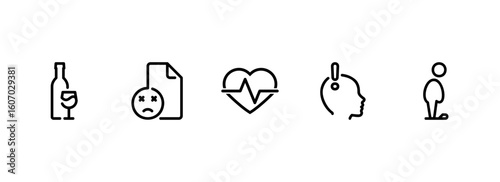Linear Icon Set Depicting the Health Risks of Alcoholism
