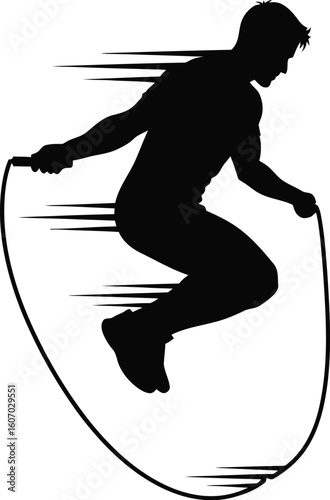 A silhouette of a man jumping rope in midair.