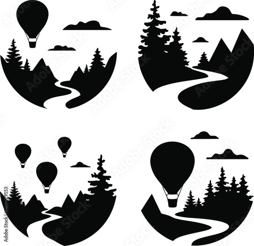 Hot air balloons over mountainous forest landscapes vector