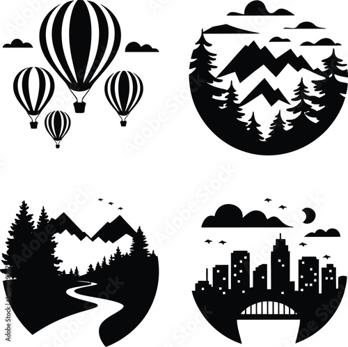 Hot air balloons mountain forest cityscape bridge travel adventure