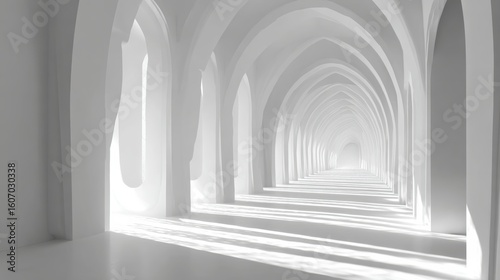 An ethereal white corridor with arches  illuminated by soft light  creating a serene and spacious atmosphere.