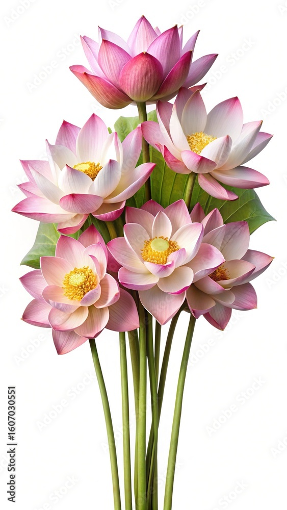 Obraz premium Elegant and Serene Lotus Flower Arrangement on a White Background, Beautiful Display