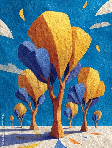 Colorful abstract trees in a bright landscape with blue skies