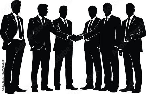 A group of businessmen in suits are shaking hands.