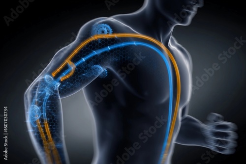 Running figure with visible robotic arm enhancement for improved performance