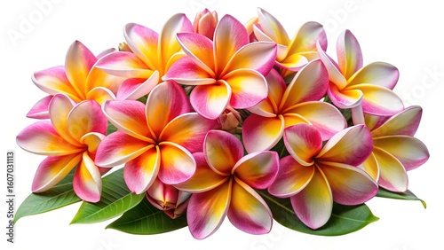 Close up studio shot of exquisite colorful plumeria flowers on white background
