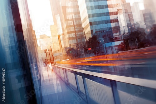 Daylight cityscape with motion blur, glass skyscrapers and modern architecture, long exposure with double exposure effect for urban design and transportation scenes