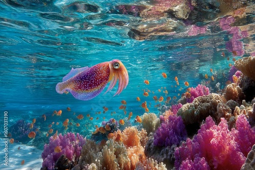 Colorful squid gliding through vibrant coral reef during daytime in clear blue waters