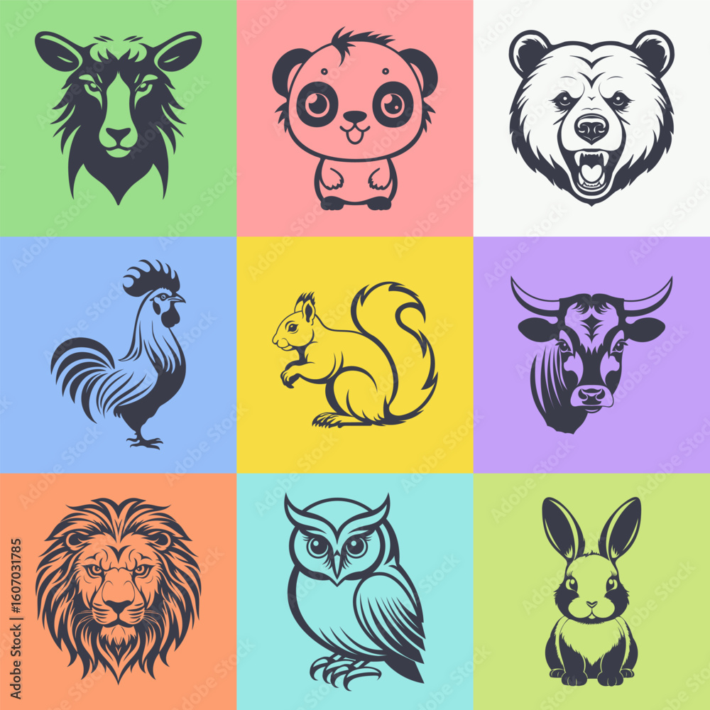 Obraz premium Vector set, square color icons. Graphic monochrome simple wild and farm animals. Sticker collection. Sheep, panda, bear, rooster, squirrel, cow, lion, owl and rabbit. Part 1