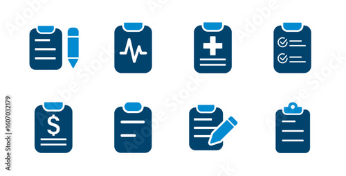 Clipboard icon for planning, health tracking, financial reporting, report writing. Solid vector icon.