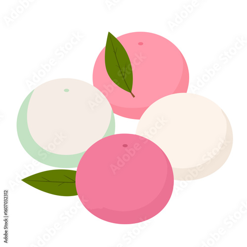 Colorful pink and white Japanese mochi dessert with green leaves, a flat vector illustration.