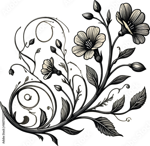 Ornate floral vine with blooming flowers and leaves style vector illustration EPS file download	
