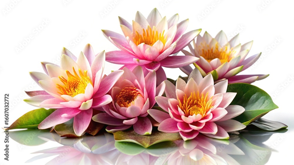Obraz premium A serene arrangement of pink water lilies on a reflective surface and bright background