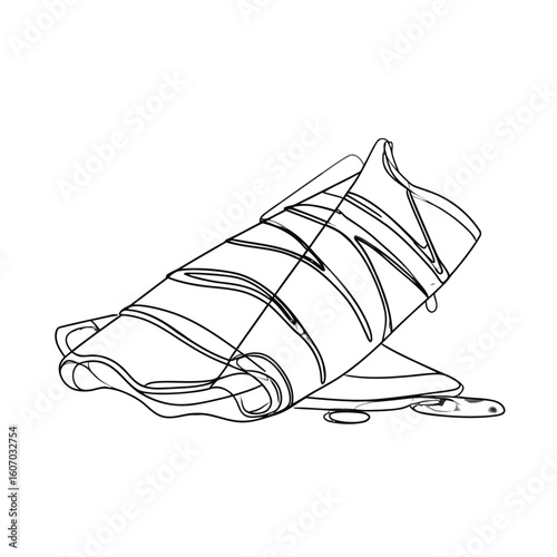 Minimalist line art of a folded crepe drizzled with sweet chocolate sauce.