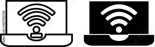 Laptop WiFi connection icons display wireless internet symbol for business and technology access
