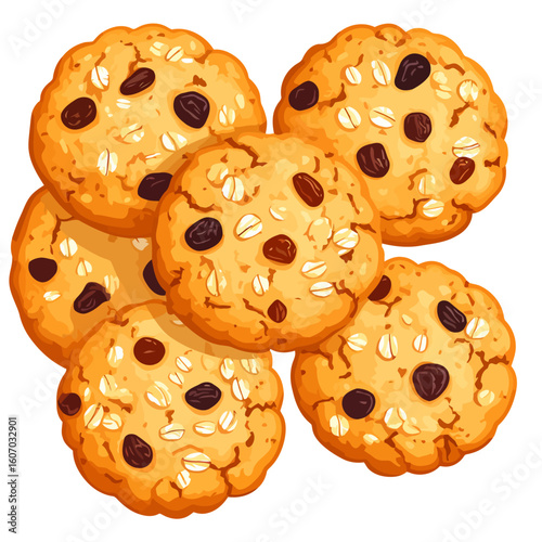 A delicious pile of golden-baked oatmeal raisin cookies with rolled oats and sweet raisins.
