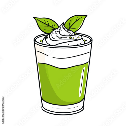 Vibrant green matcha drink with whipped cream and mint leaf garnish, cartoon style illustration.
