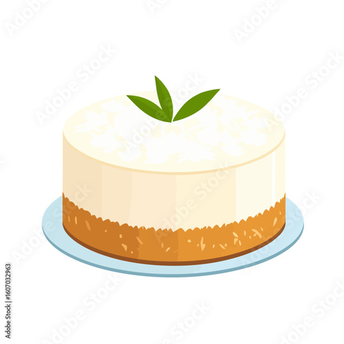 Creamy whole cheesecake with a crumbly graham cracker crust, topped with white shavings and a fresh green mint garnish on a blue plate.