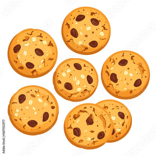 Collection of delicious oatmeal raisin cookies with visible rolled oats and sweet raisins. Flat vector style.