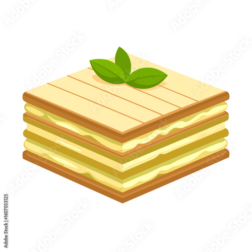Isometric illustration of a square portion of layered lasagna with creamy cheese and basil garnish.