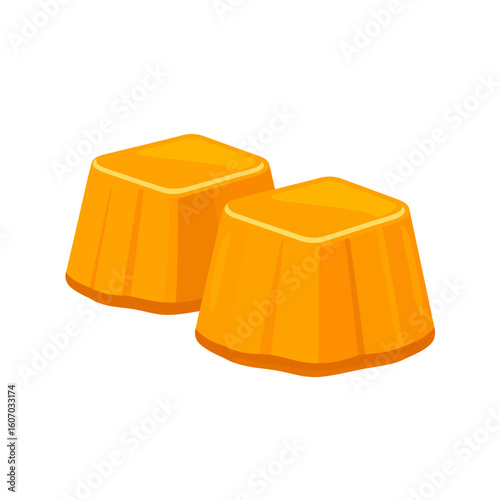 Two glossy orange jelly cubes, a sweet molded dessert with a smooth texture.