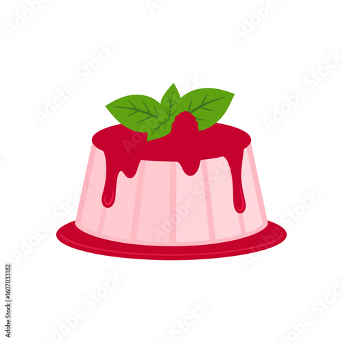 A fluted pink panna cotta dessert with dripping raspberry sauce, a single berry, and fresh mint leaves.