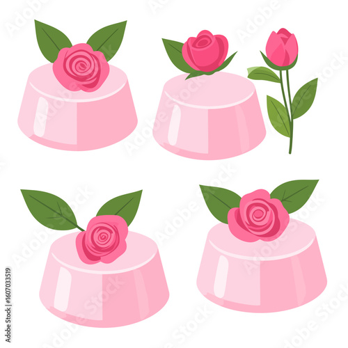 A charming illustrated set of pink panna cotta desserts, each garnished with a delicate pink rose and green leaves, showcasing a smooth, glossy texture.