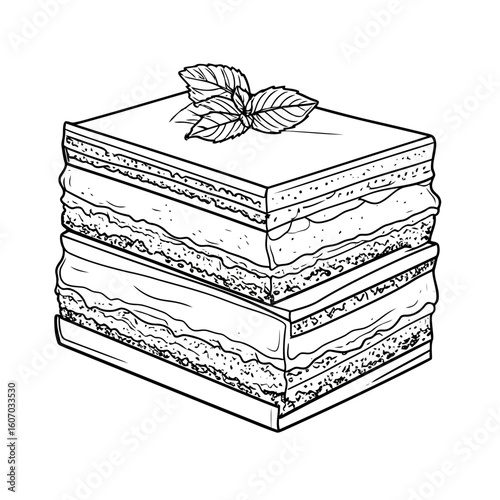 A two-tiered square layered dessert with a mint sprig garnish, depicted in a detailed black and white line art style.