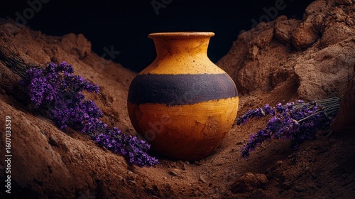 Ancient clay pottery surrounded purple flowers in rustic setting