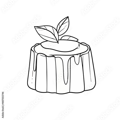 Line art illustration of a molded pudding with dripping sauce and a fresh mint leaf garnish.