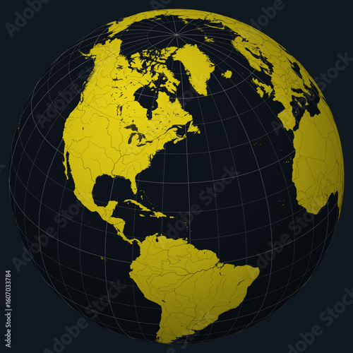 Bermuda on Globe. Country view on the world map in Charcoal Bright Yellow color palette. Bermuda shape on map. Globe with meridians, parallels, countries, rivers and lakes.