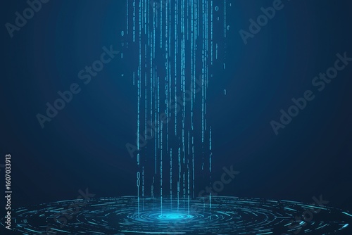 Blue background with digital rain of binary code, flowing data stream for technology, innovation, and digital applications