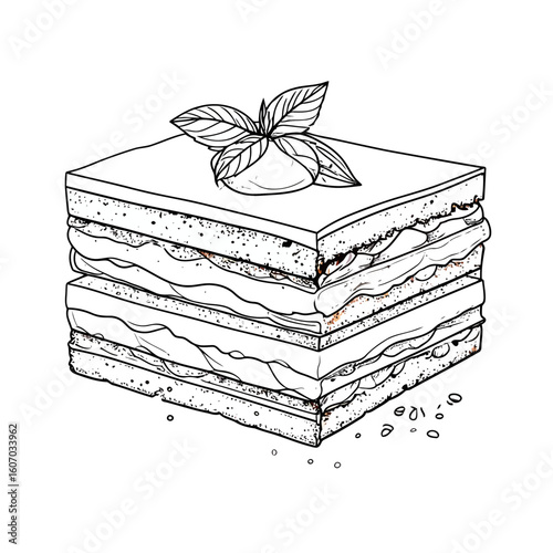 Detailed black and white sketch of a layered lasagna portion, topped with fresh mozzarella and basil.