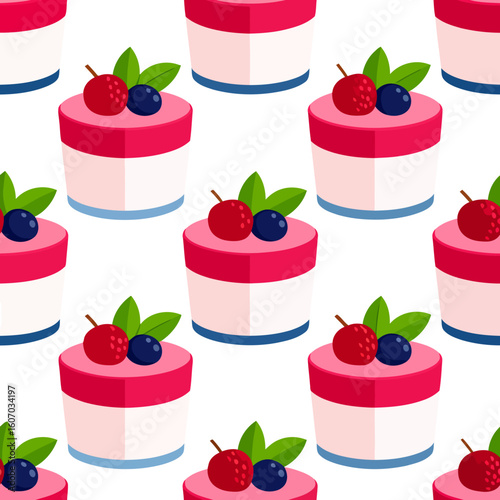 Layered pink berry mousse dessert with fresh raspberry and blueberry garnish, flat vector illustration.