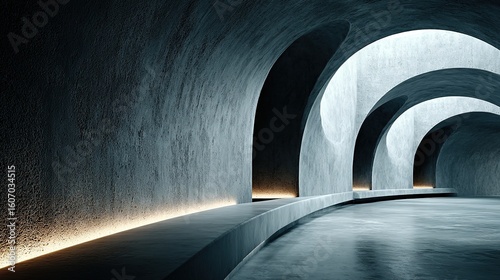 Close-up of the curved wall design, showcasing an architectural photography style with a monochromatic background. 