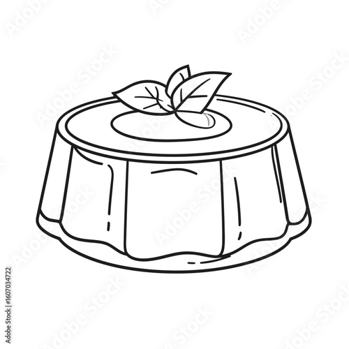 Minimalist line art of a classic flan pudding dessert topped with mint leaves.