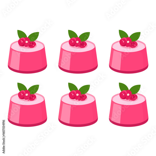 Set of six pink panna cotta desserts garnished with fresh red berries and green leaves, presented in a flat vector style.