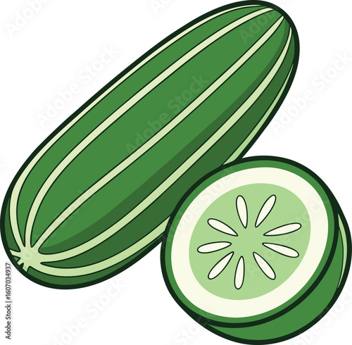 Realistic Cucumber Illustration with Whole and Sliced Views for Food Labels and Packaging Designs