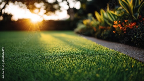 Sunlit garden lawn with vibrant foliage