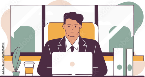 Business Professional Working on Laptop: Office Illustration
