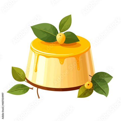 Delicious yellow custard pudding with a glossy dripping sauce, adorned with green leaves and small fruits.