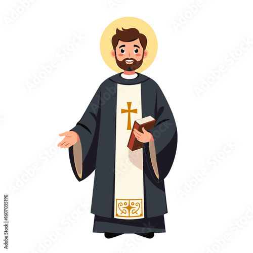 Cartoon priest holding a book and gesturing in traditional robe  