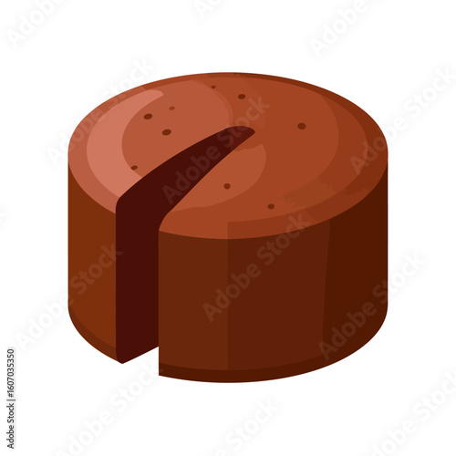 Isometric illustration of a round brown chocolate cake with a single slice removed, showing its rich, dark texture.