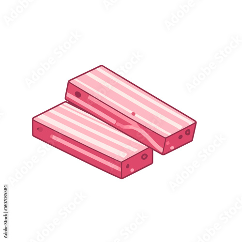 Two pink striped surimi sticks in an isometric cartoon illustration. Imitation crab meat with a porous texture.